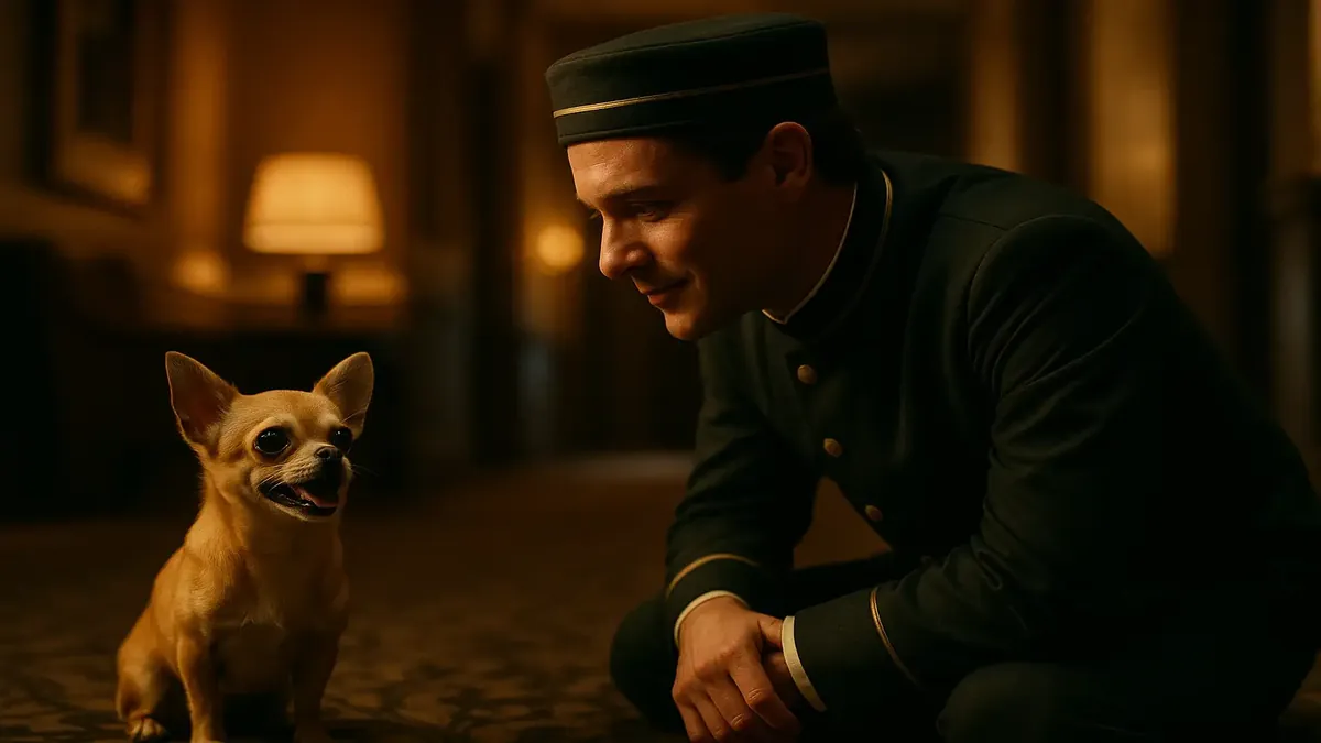 एक प्यारा, चहचहाता कुत्ता होटल के लॉबी में, बिना पालतू जानवरों के लिए अनोखे मेहमान अनुभव को दर्शाता है।