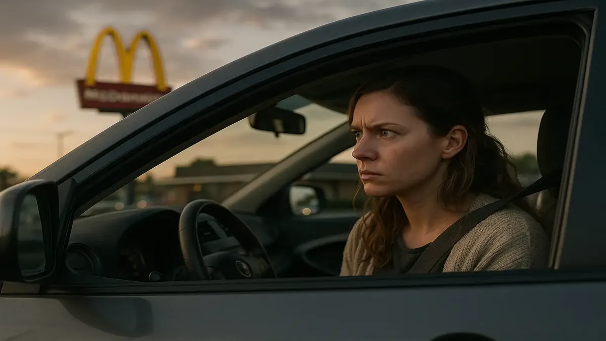 महिला शहरी माहौल में मैकडॉनल्ड्स का भोजन खुशी से आनंद लेती हुई, संतोष का एक पल दर्शाते हुए।