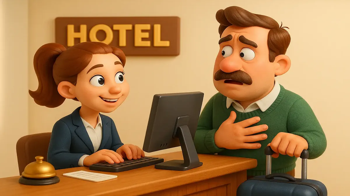 एक कार्टून-3डी फ्रंट डेस्क एजेंट एक निराश होटल मेहमान के साथ ईमेल संचार कर रहा है।