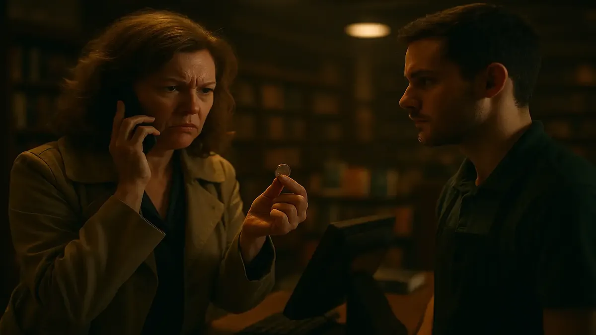 किताबों की दुकान में एक असभ्य ग्राहक, जो कनाडाई सिक्के स्वीकार करने से मना कर रहा है, तनावपूर्ण स्थिति को दर्शाते हुए।