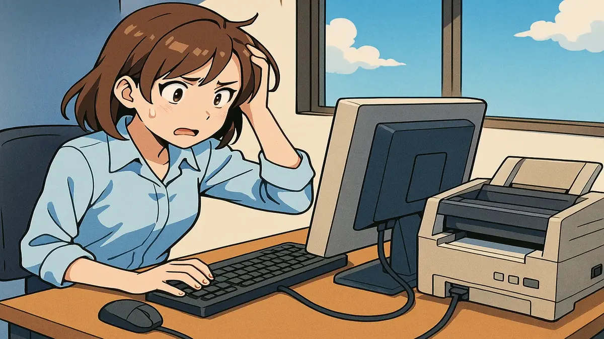 एक पुराने ऑफिस में एक परेशान तकनीशियन, डिस्कनेक्टेड इनवॉयस प्रिंटर को ठीक करने की कोशिश कर रहा है।