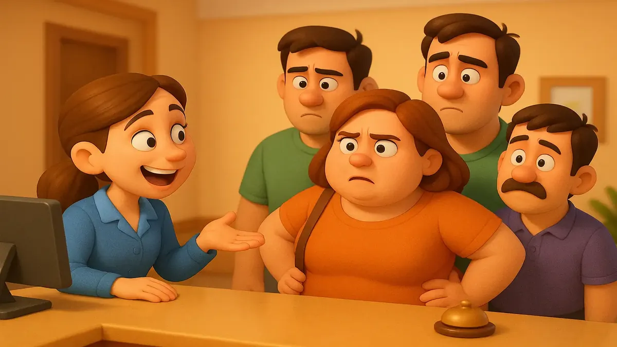 रिसेप्शन डेस्क पर सुइट विकल्पों पर चर्चा करते हुए एक निराश होटल मेहमान का कार्टून-3डी चित्रण।