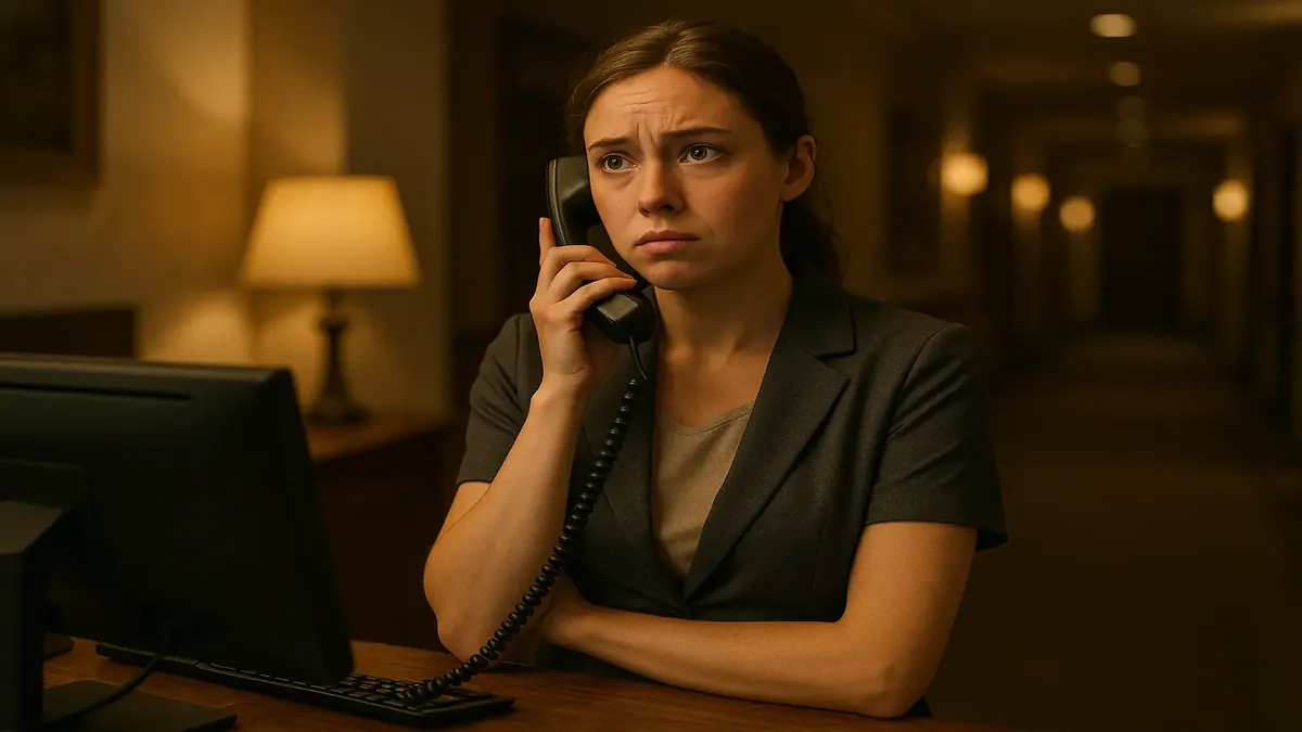 व्यस्त शाम की शिफ्ट के दौरान रिमोट कंट्रोल से जूझते हुए निराश होटल मेहमान।