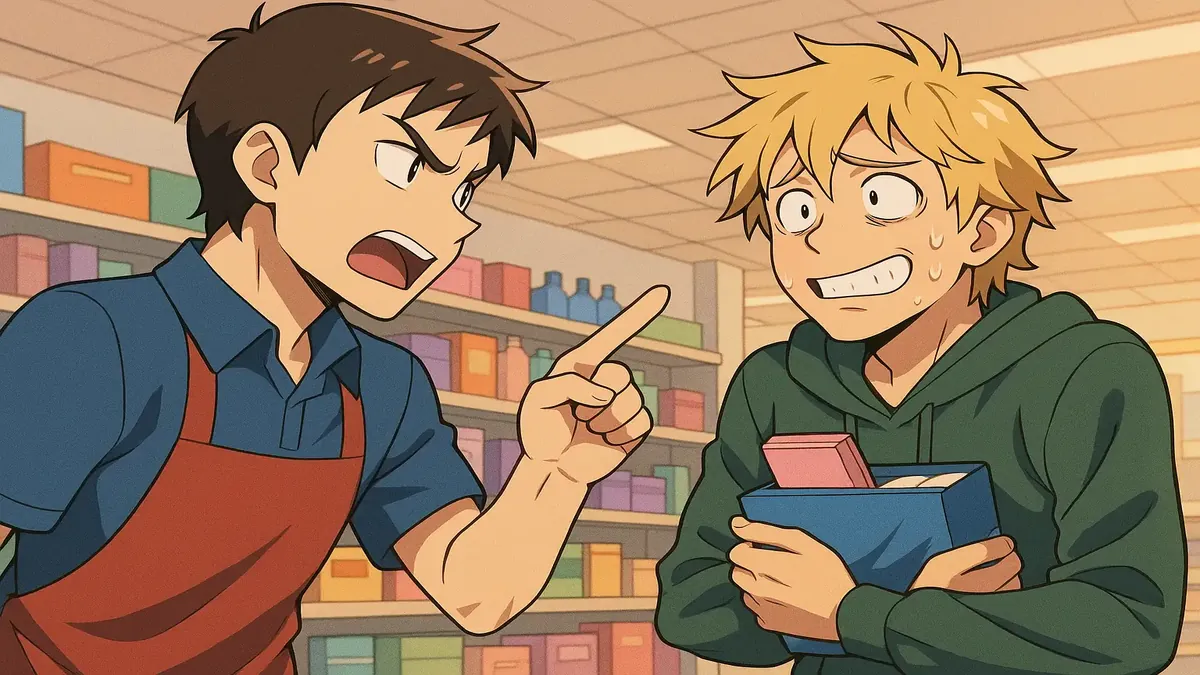 कैविन के साथ चोरी के प्रयास का एनीमे चित्रण, तनावपूर्ण दुकान का दृश्य दर्शाता है।