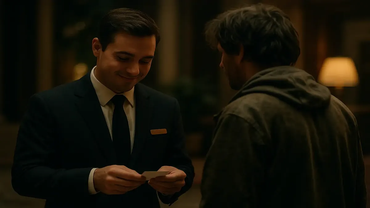 एक होटल के रेस्तरां का चित्रण, जिसमें एक मजेदार मेहमान की घटना के बाद का दृश्य है।