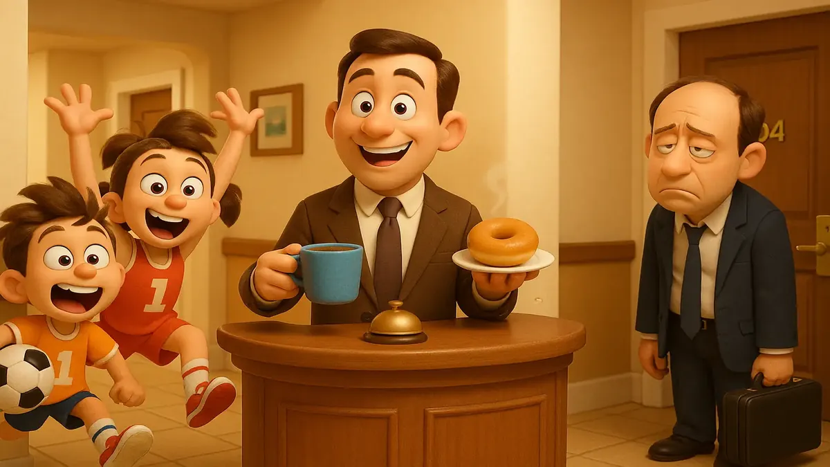 टूर्नामेंट के दौरान खेल प्रशंसकों और ऊर्जावान बच्चों से भरे एक अस्तव्यस्त होटल लॉबी का कार्टून 3D चित्र।