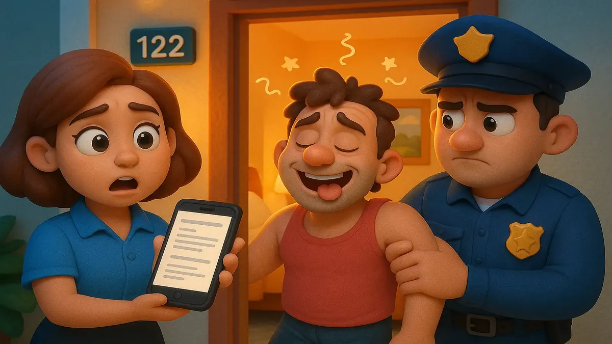 मजेदार तत्वों से भरा एक अव्यवस्थित होटल कमरे का 3D कार्टून चित्रण, एक उथल-पुथल भरी रात को दर्शाता है।