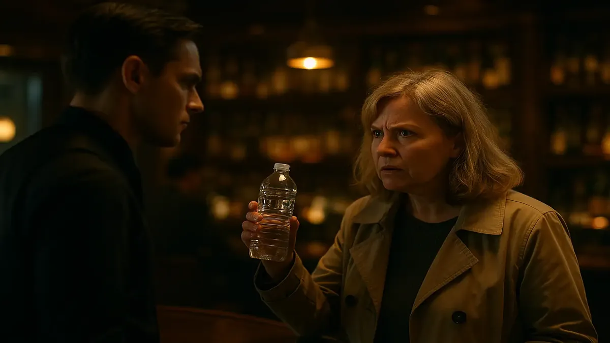 बाहरी पेय पर प्रतिबंध लगाने वाले स्पष्ट संकेतों के साथ बार टेरेस, त्योहारों के मौसम में जीवंत माहौल।