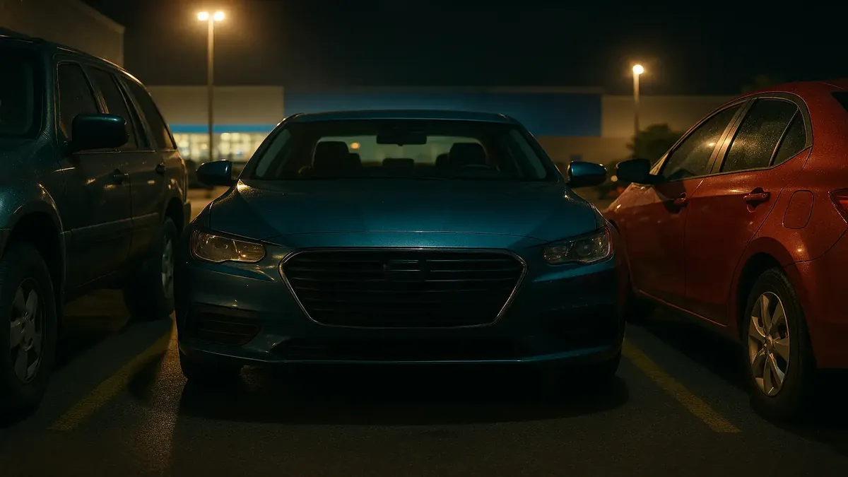 भीड़भाड़ वाले वॉलमार्ट पार्किंग में एक कार के पास खड़ी दूसरी कार का चित्र, पार्किंग की समस्याओं को दर्शाते हुए।