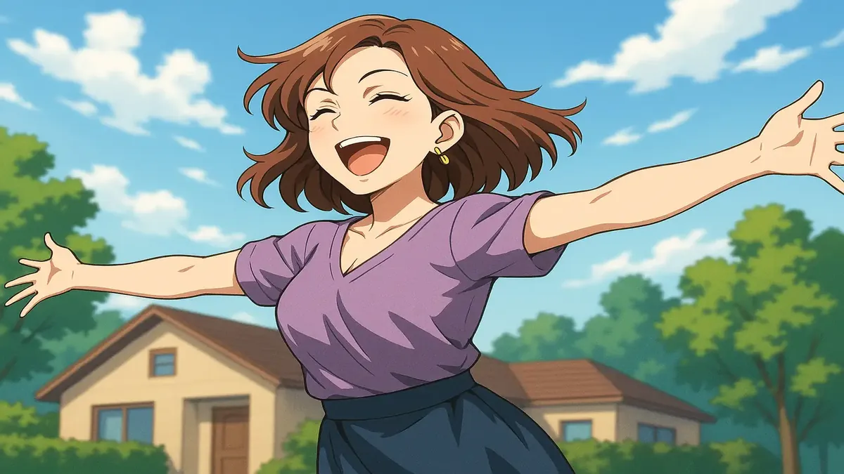 एक महिला की एनीमे-शैली की चित्रण, जो अपने पति केविन से अलग होने के बाद अपनी स्वतंत्रता का जश्न मना रही है, खुशी से भरी हुई।