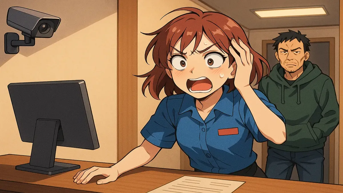 एक एनीमे चित्रण जिसमें एक संदिग्ध आदमी रिसेप्शन पर प्रवेश कर रहा है, जो अंदर के कर्मचारी के लिए परेशानी का संकेत देता है।