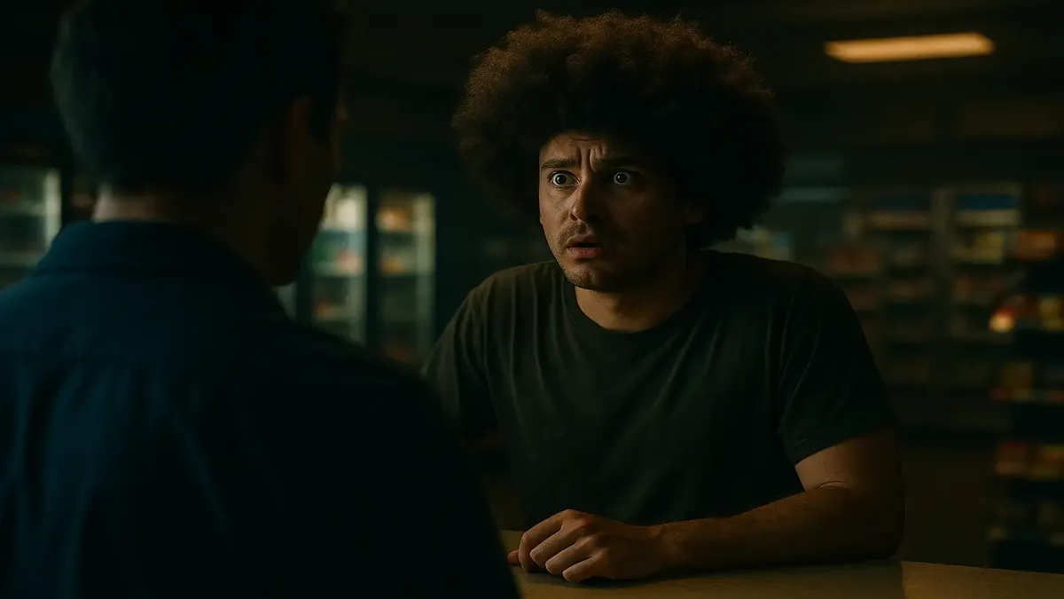 एक पेट्रोल पंप का कर्मचारी देखता है जब एक व्यक्ति अफ्रो विग पहनकर काउंटर की ओर बढ़ता है, चोरी का इशारा करते हुए।