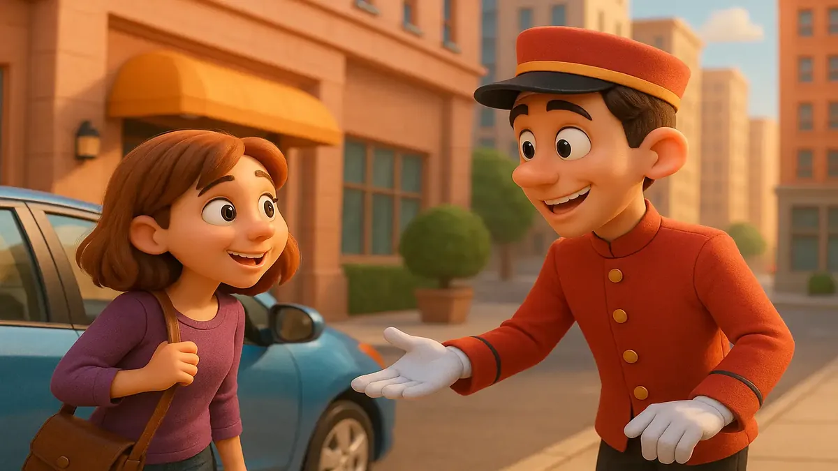 व्यस्त होटल की कार्टून-3डी चित्रण, जिसमें वॉलेट पार्किंग और कॉन्सर्ट में शामिल होने वाले दर्शक हैं, बेचे गए रातों को दर्शाते हुए।