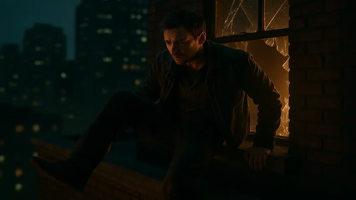 एक आदमी छत से कूदने की कोशिश कर रहा है, नाटकीय सिनेमा शैली में, संकट और तात्कालिकता का क्षण दर्शाता है।