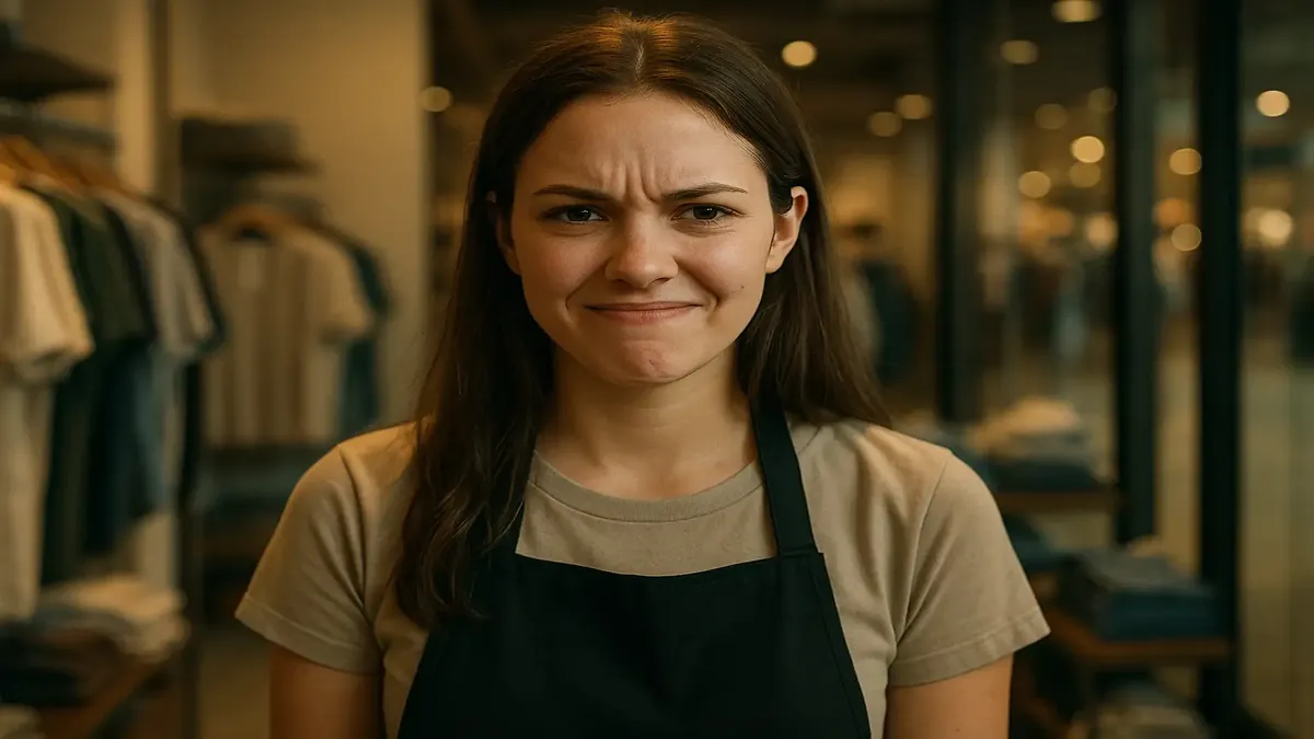 एक युवा महिला, खुदरा कपड़ों की दुकान में मुस्कुराते हुए, खरीदारी का रंगीन माहौल दिखाते हुए।