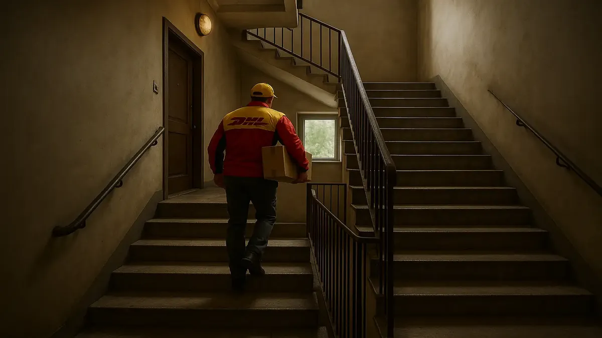 सीढ़ियों पर DHL डिलीवरी प्राप्त कर रहे युगल, विशेष उपहार के लिए उत्साह और प्रत्याशा प्रदर्शित कर रहे हैं।