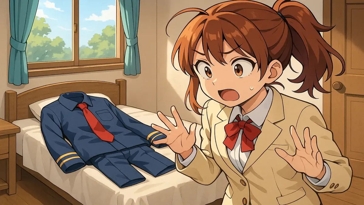 होटल के कमरे में छोड़े गए एक भूले हुए यूनिफॉर्म की एनिमे-शैली की चित्रण, अप्रत्याशित प्रस्थान का प्रतीक।