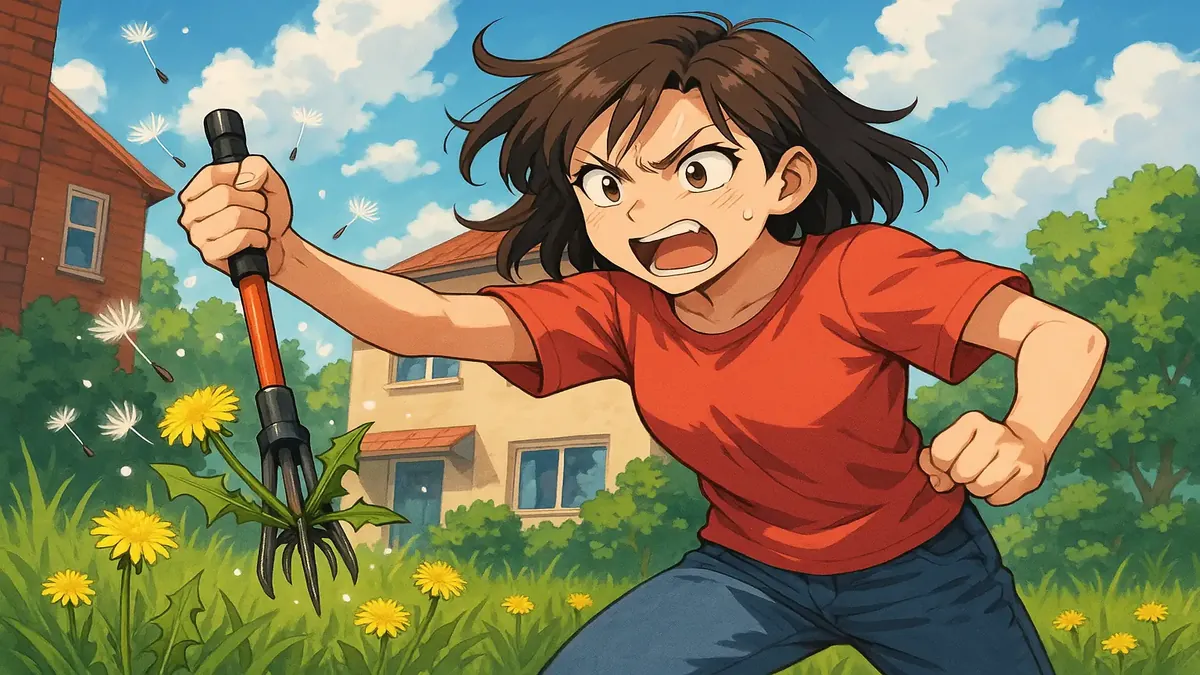 बगीचे में उखड़े जा रहे डंडेलियन का जीवंत एनिमे-शैली का चित्र, बागवानी की चुनौतियों का प्रतीक।
