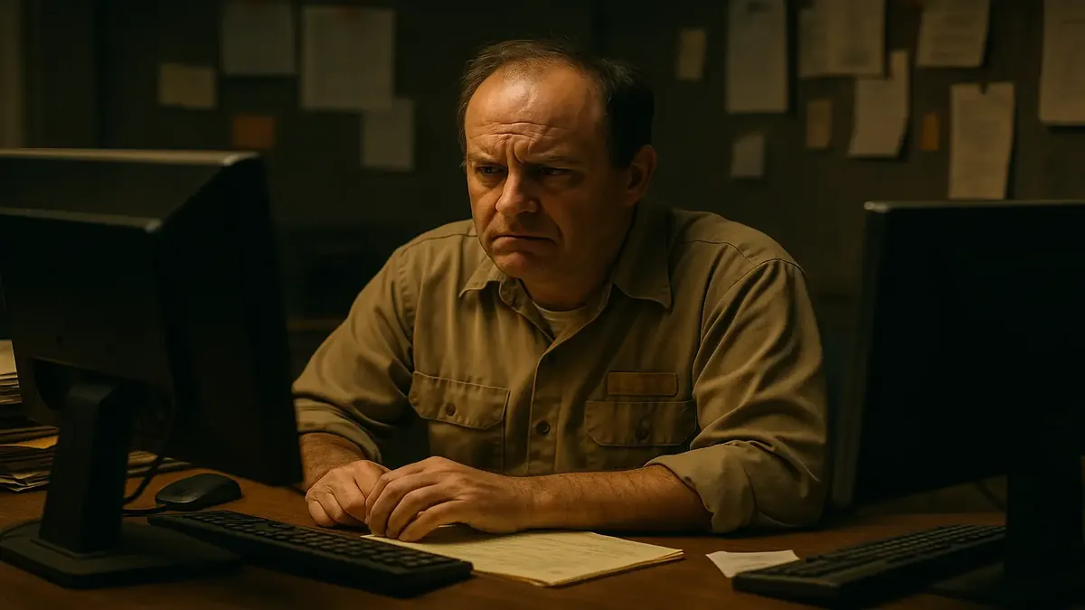 नए फैक्ट्री प्रबंधक मोंटी, आईटी टिकटों और सेवा अनुरोधों से घिरे हुए, का सिनेमाई चित्र।