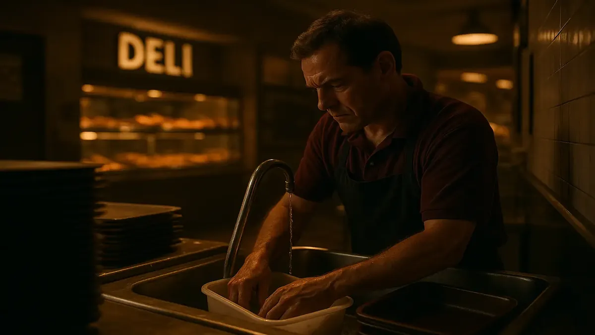 एक शिक्षक और किराना व्यापारी डेली में, जीवंत खाद्य सामग्री और व्यस्त कार्य माहौल के साथ, एरिज़ोना में।