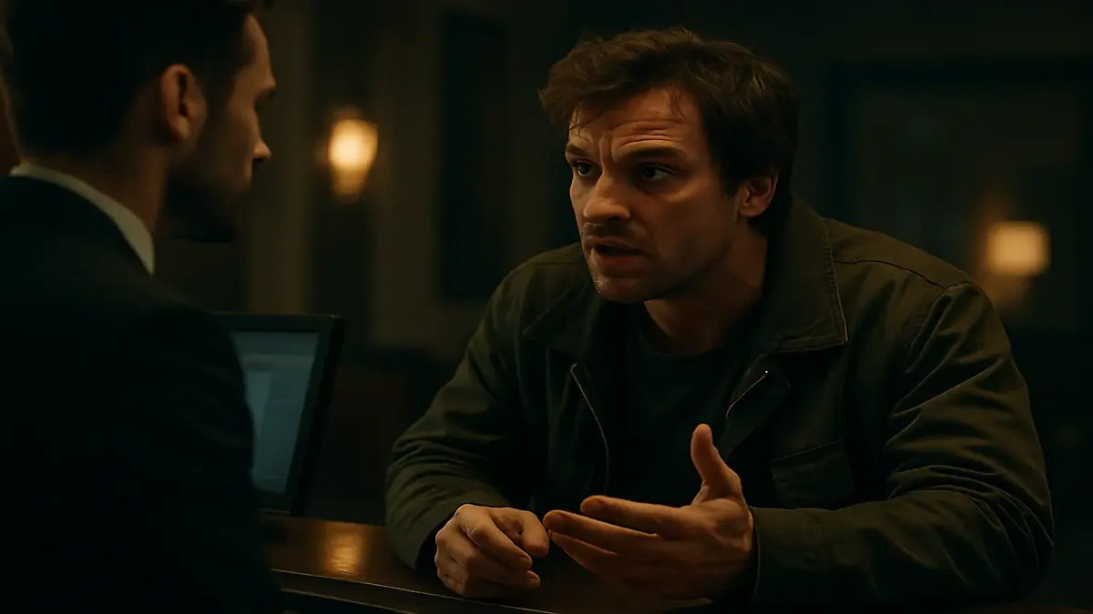 एक होटल रिसेप्शन पर एक आदमी की बहस का चित्रण, जो रोज़मर्रा की बातचीत में बेईमानी के विषय को उजागर करता है।