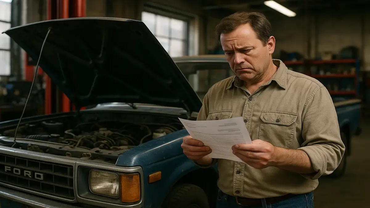 1981 फोर्ड कूरियर पिकअप, ऑटो मरम्मत की दुकान में इंजन काम के लिए, गुणवत्ता सेवा और विशेषज्ञता को दर्शाता है।