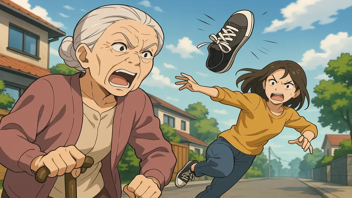 एनीमे-शैली में दादी एंजी का चित्रण, जो अपनी चतुर छोटी प्रतिशोध कहानियों के लिए जानी जाती हैं।