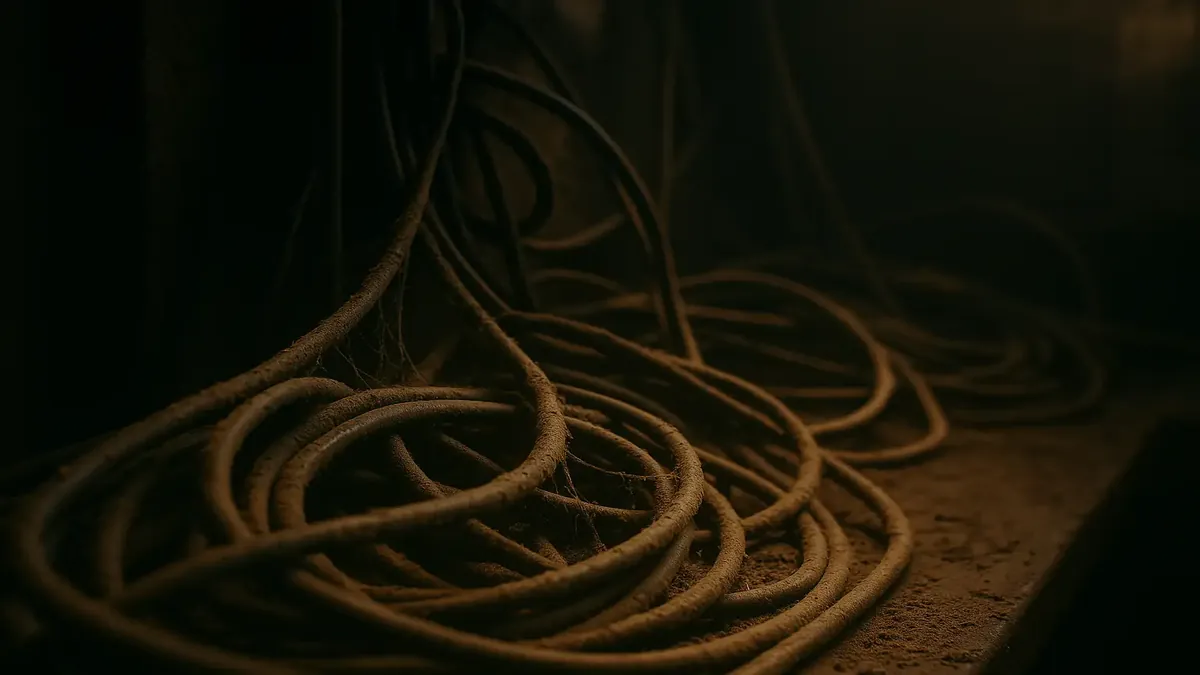 एक मेज पर उलझे हुए धूल भरे केबल, तकनीकी सहायता की चुनौतियों और संचार समस्याओं का प्रतीक।