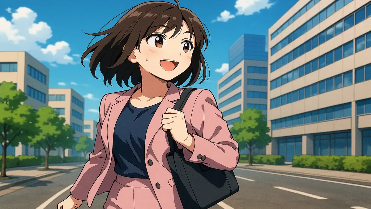 नए ऑफिस बिल्डिंग की ओर चलते व्यक्ति का एनीमे-शैली का चित्र, सुखद यात्रा अनुभव को दर्शाता है।