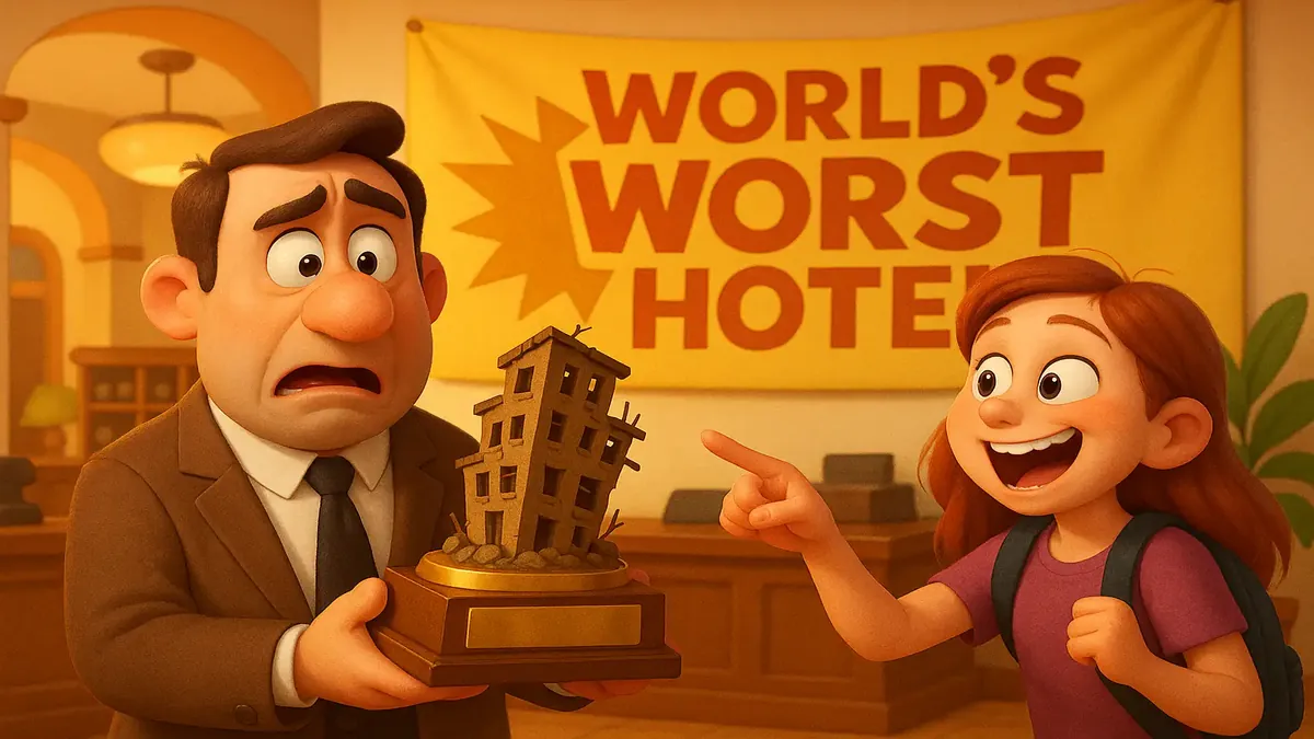 व्यस्त चेक-इन रात के दौरान एक अराजक होटल लॉबी का कार्टून-3D चित्रण।