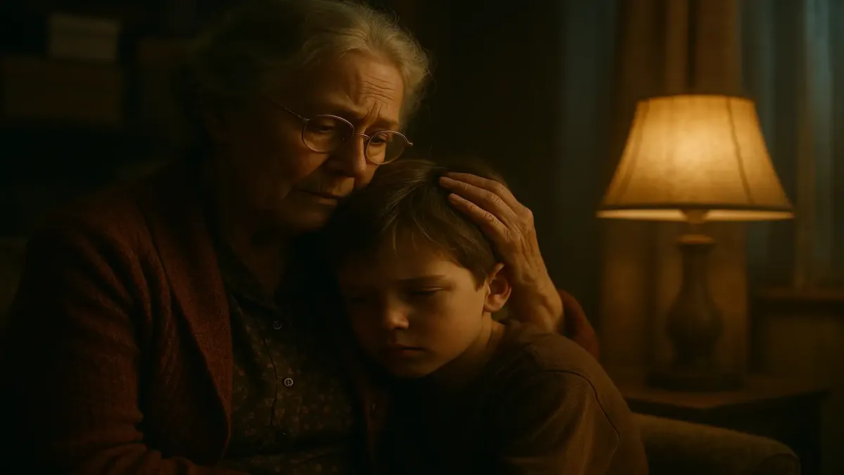 दादी और पोते के बीच एक गर्म पल साझा करते हुए, प्रेम और देखभाल को दर्शाने वाली एक संजीवनी छवि।