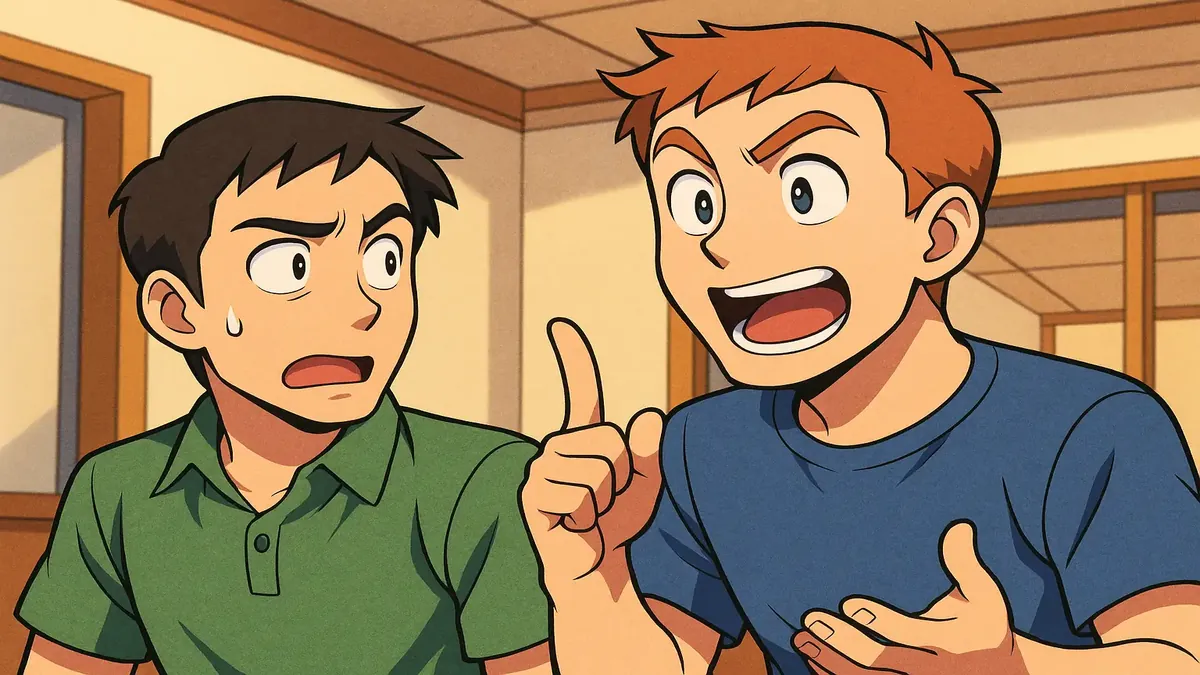 ग्रेग की भ्रमित स्थिति में एक एनिमे चित्रण, मासन प्रतीकों और अपराधी थीम के साथ हास्य का मिश्रण।