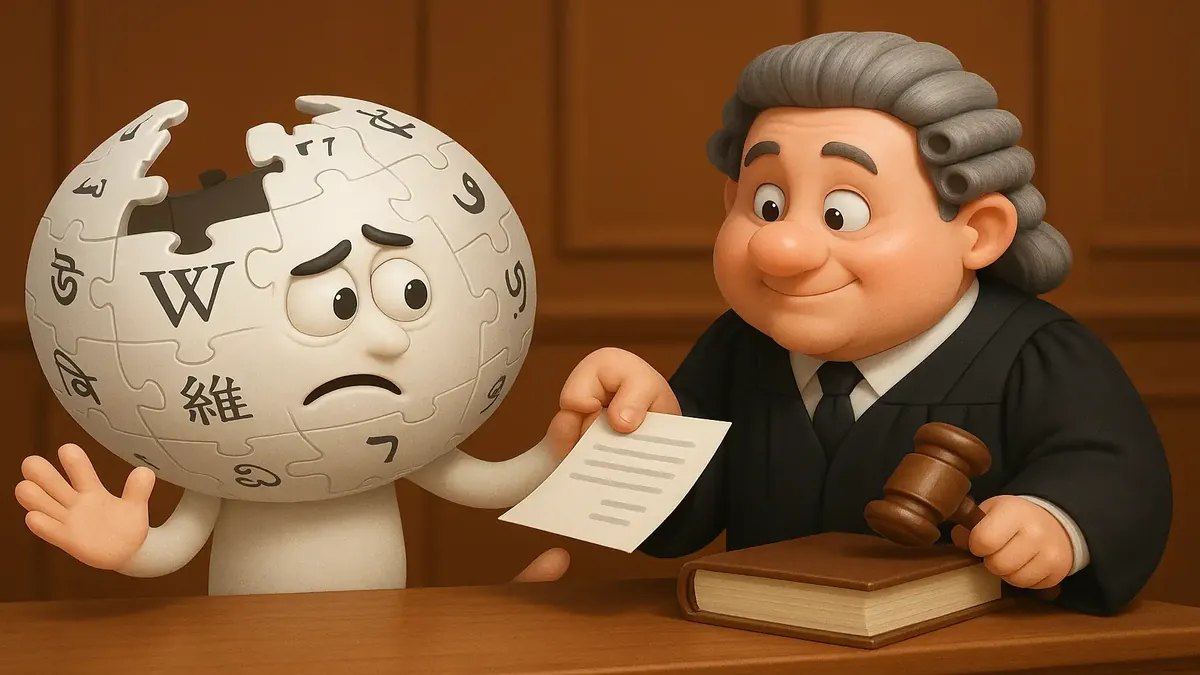 अदालत की हथौड़ी और विकिपीडिया लोगो का कार्टून-3D चित्रण, मानहानि के दावों पर कानूनी लड़ाई को दर्शाता है।