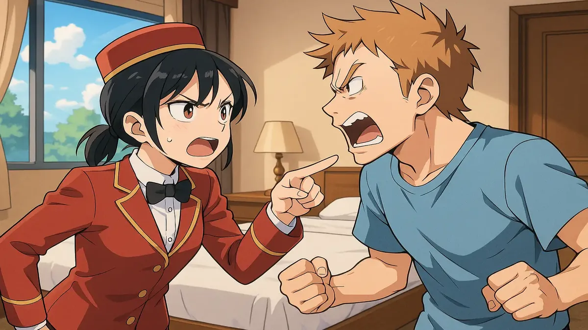 मेहमानों की मदद कर रहे होटल स्टाफ का एनिमे-शैली का चित्रण, आतिथ्य में दया और सम्मान पर जोर देते हुए।