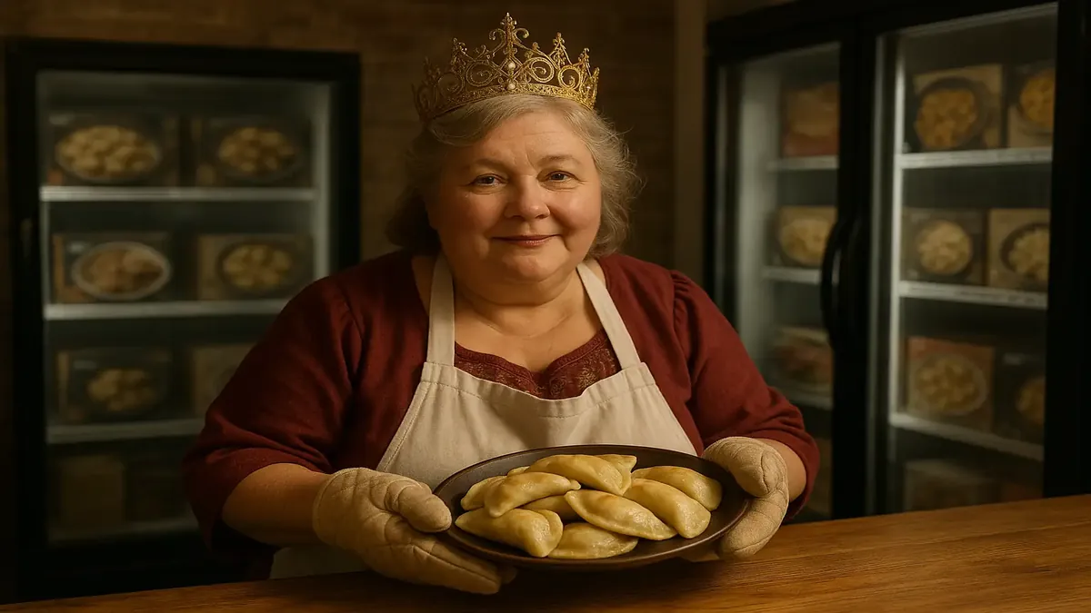 एक आरामदायक रिटेल स्टोर, जिसमें जमे हुए खाने की शेल्व्स हैं, जो पियेरोगी रानी के साथ काम करने की यादें ताजा करती हैं।