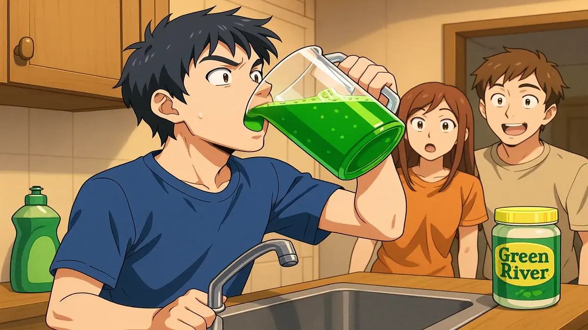 एक मजेदार एनीमे दृश्य, जिसमें रूममेट हरे तरल के pitchers को देखकर चौंका हुआ है, जो बर्तन धोने वाले साबुन और पेय मिश्रण के पास है।