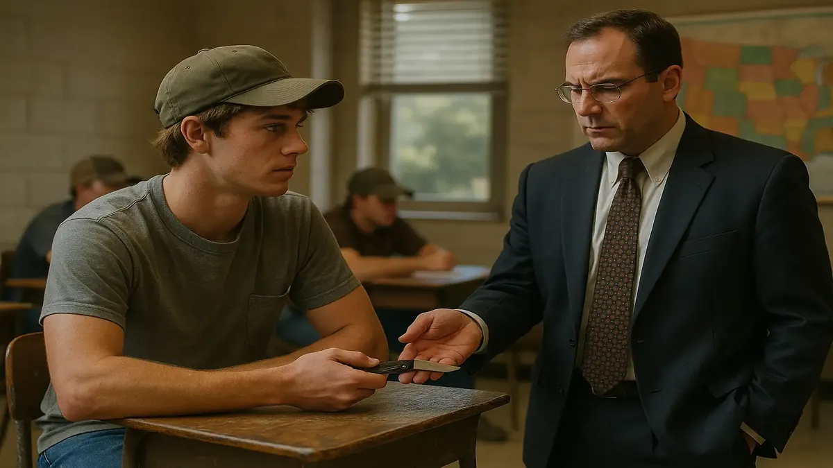 ट्रैक्टर पर आते छात्रों के साथ एक ग्रामीण स्कूल का दृश्य, 2000 के छोटे शहर का अहसास।