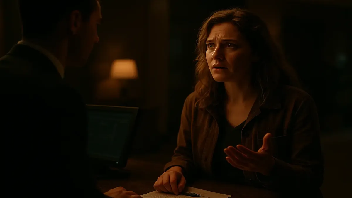 एक परेशान महिला होटल के डेस्क पर कमरा 269 के बारे में पूछ रही है, एक सिनेमाई शैली में।