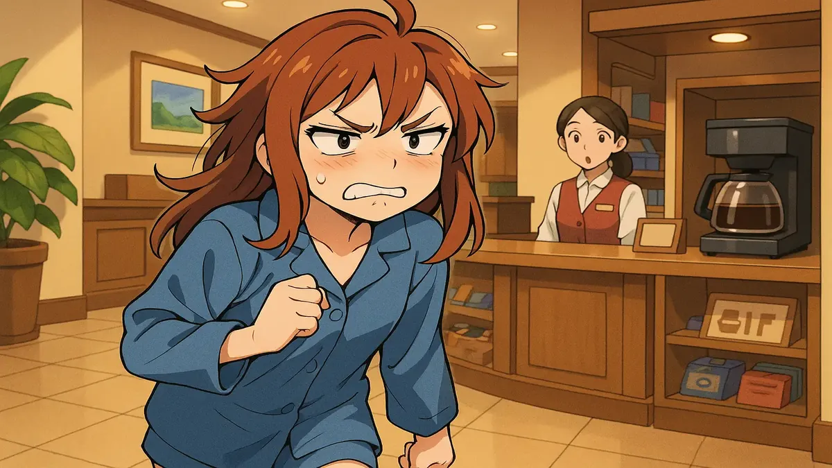 कमरे में कॉफी की खोज करता एनीमे पात्र; होटल ठहराव में नाश्ता शामिल नहीं है।