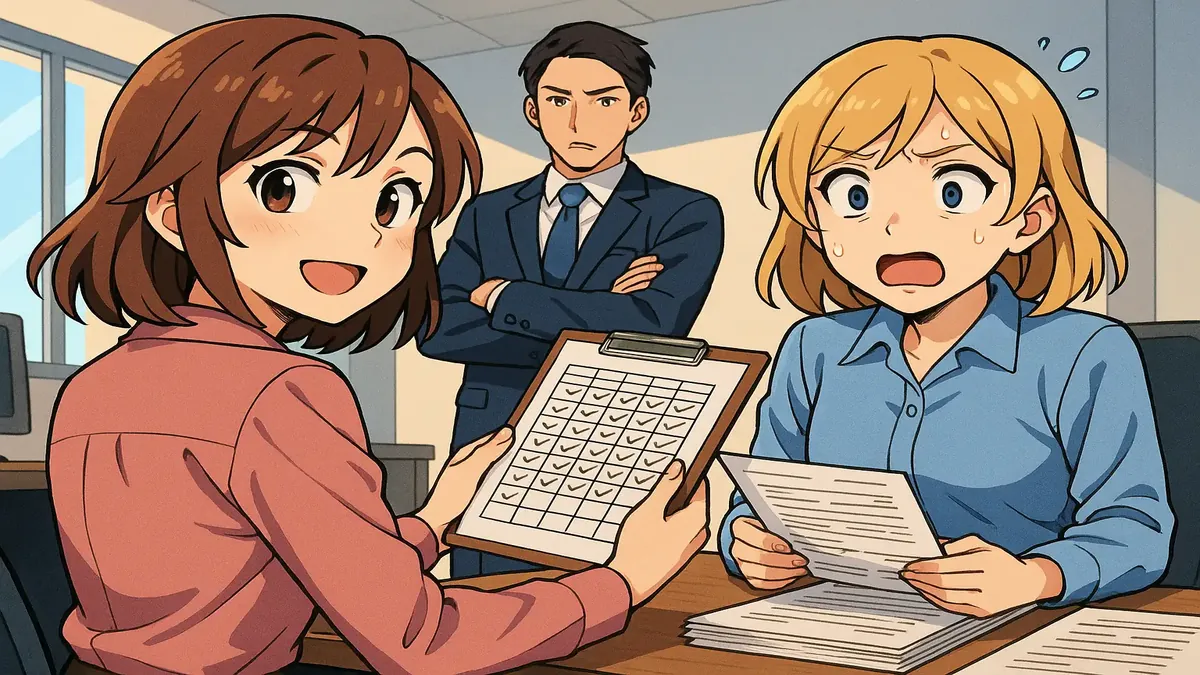 एक भ्रमित कार्यालय कर्मचारी टाइमशीट भरते हुए, हैरान नज़र आ रहा है।