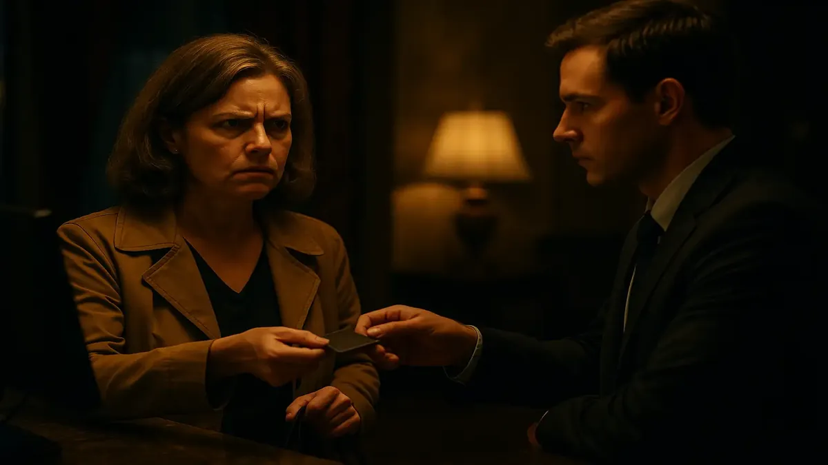 तीसरी मंजिल पर अपने कमरे की व्यवस्था के बारे में रिसेप्शन से सवाल पूछती हुई निराश होटल मेहमान।