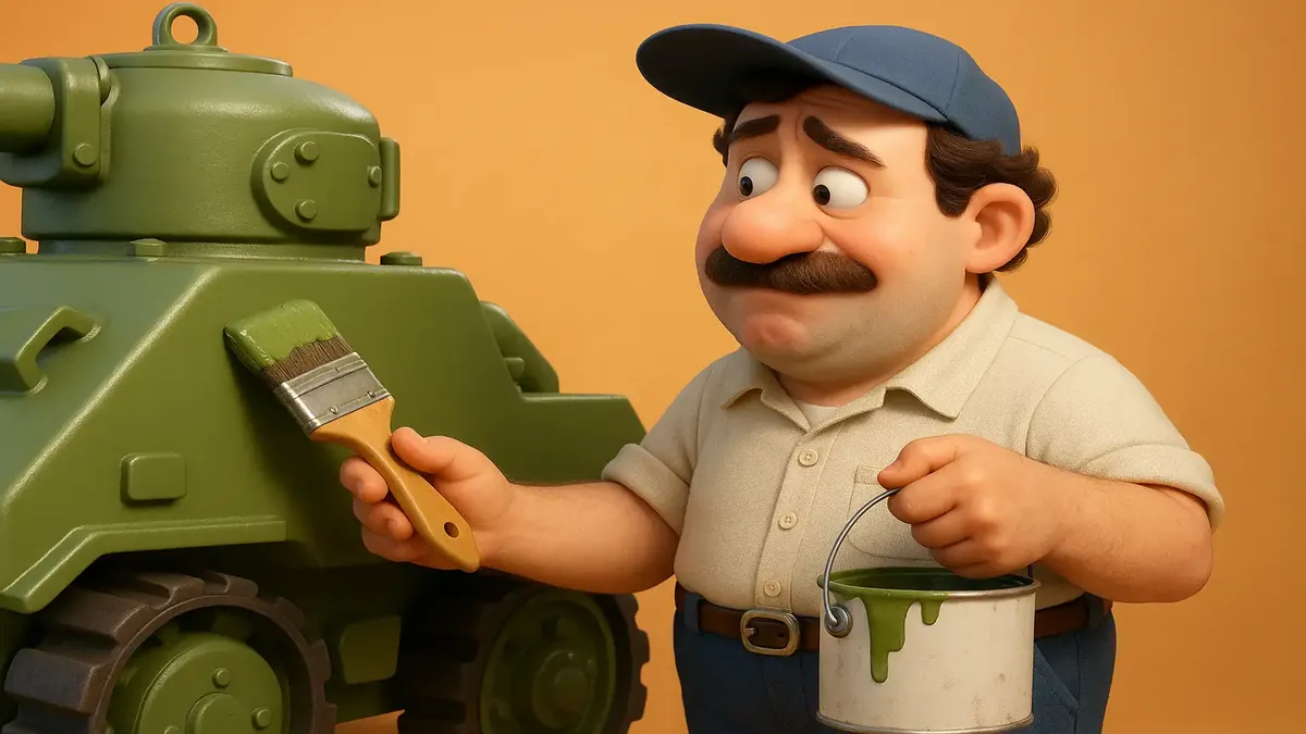 एक कार्टून-3D चित्रण जो एक पुराने कार्यशाला को दर्शाता है, जहां मशीनिस्ट सैन्य उपकरणों को रंगते हैं, न्यूयॉर्क के ऊपरी भाग में।