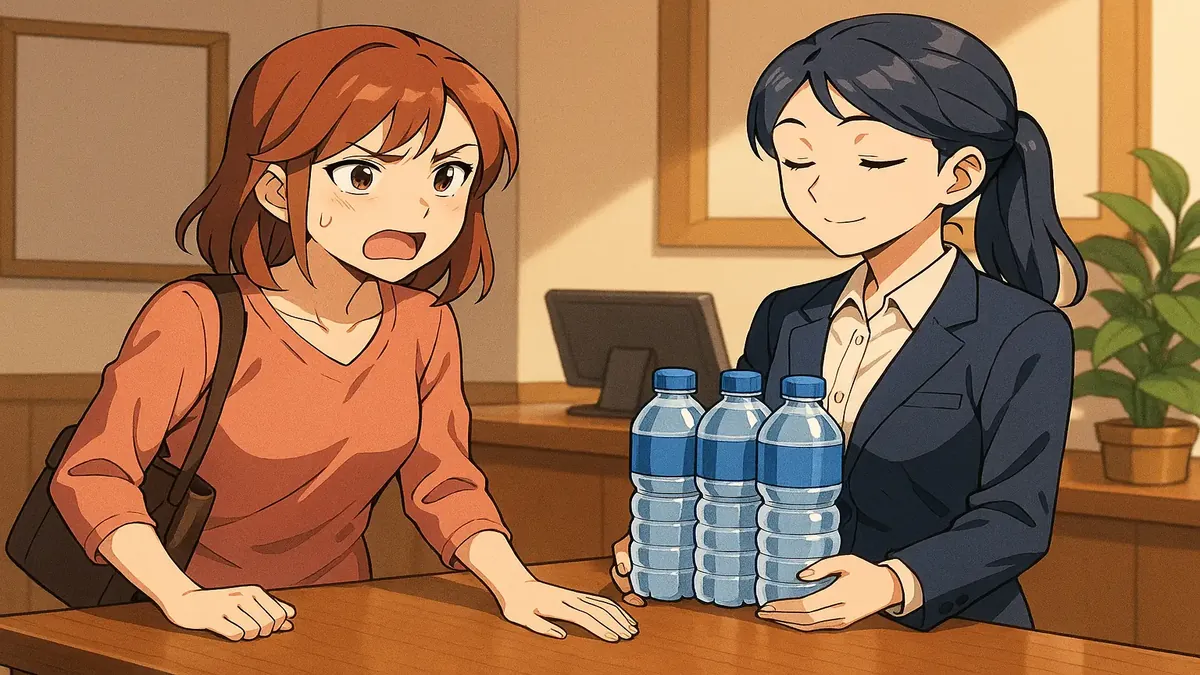 थकी हुई महिला होटल के डेस्क पर पानी की मांग करते हुए, निराशा भरी स्थिति में।