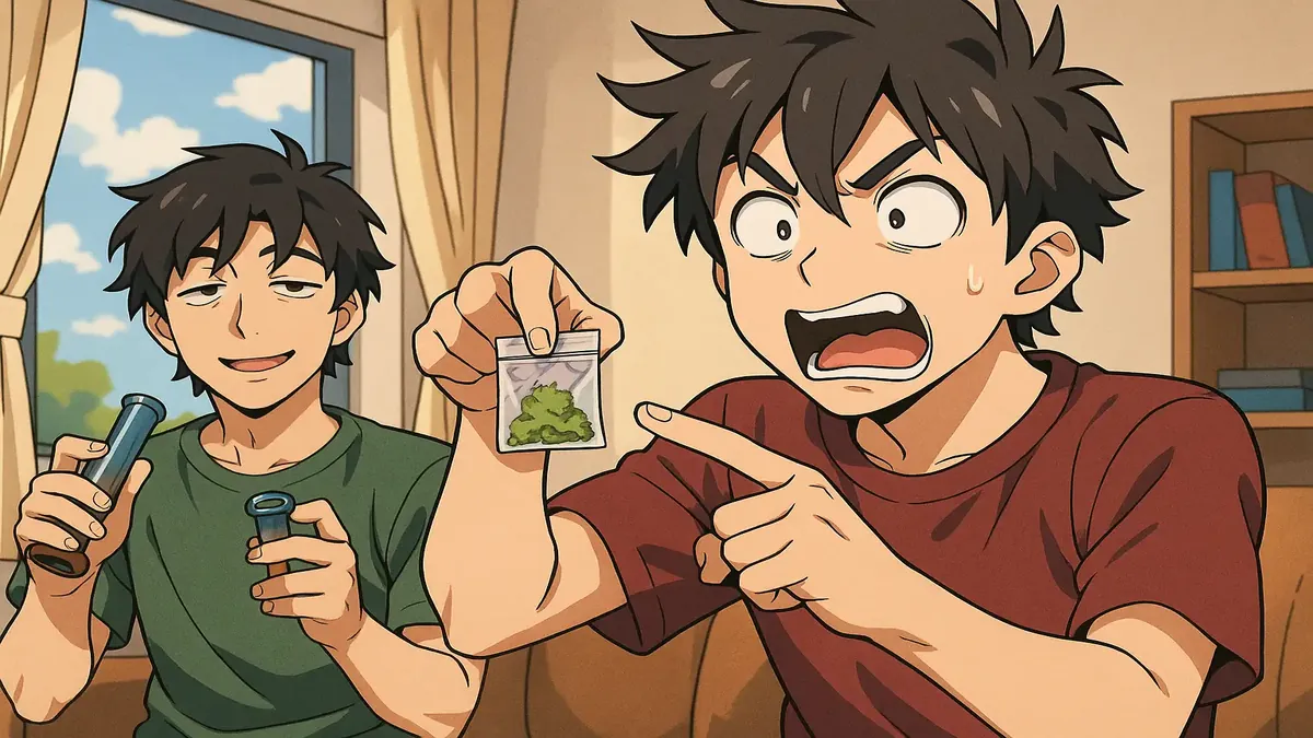 दो दोस्तों का एनिमे चित्रण, जो एक आरामदायक कमरे में कैनाबिस पर मजेदार पल साझा कर रहे हैं।