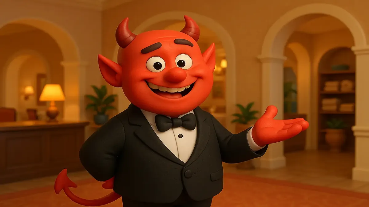 स्टाइलिश बुटीक इन का 3D कार्टून चित्रण, जिसमें आरामदायक इंटीरियर्स और लग्जरी सुविधाएं हैं।