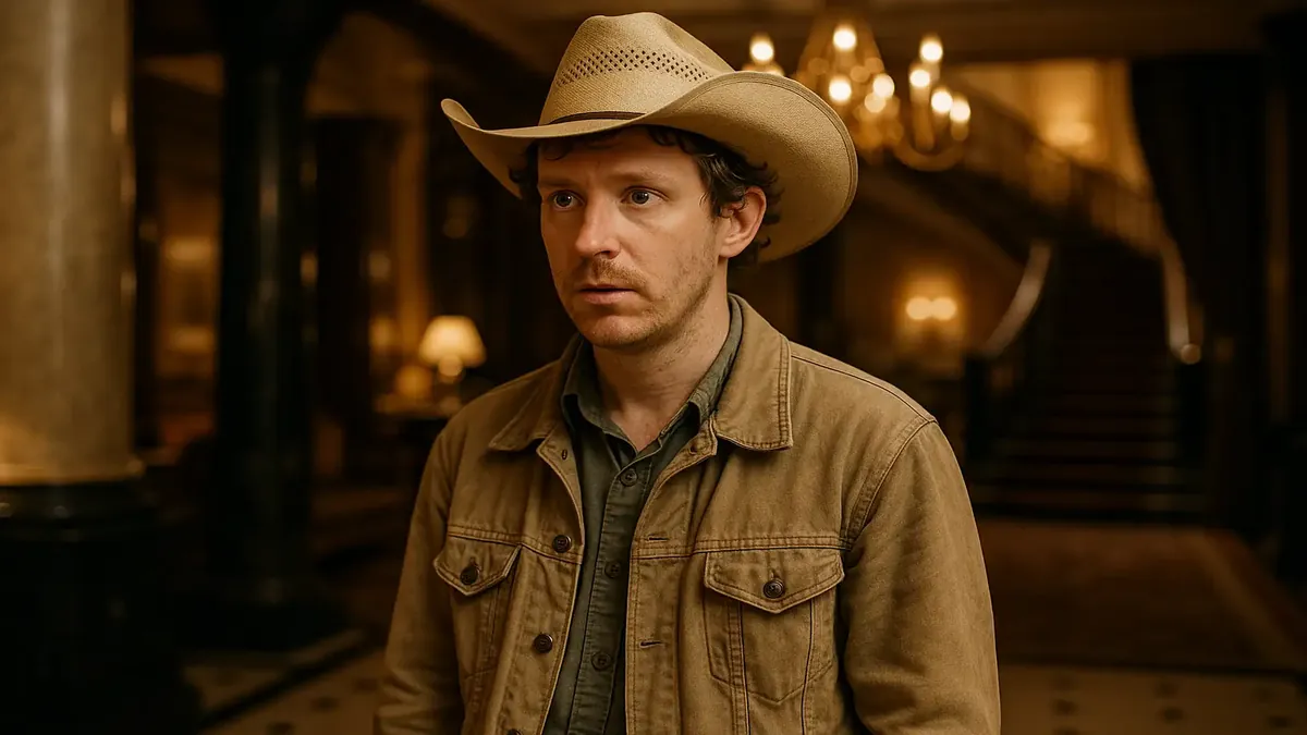 एक वास्तविकता जैसा चित्र जिसमें एक जिज्ञासु व्यक्ति एक शानदार यूके होटल के रेस्तरां में प्रवेश कर रहा है।