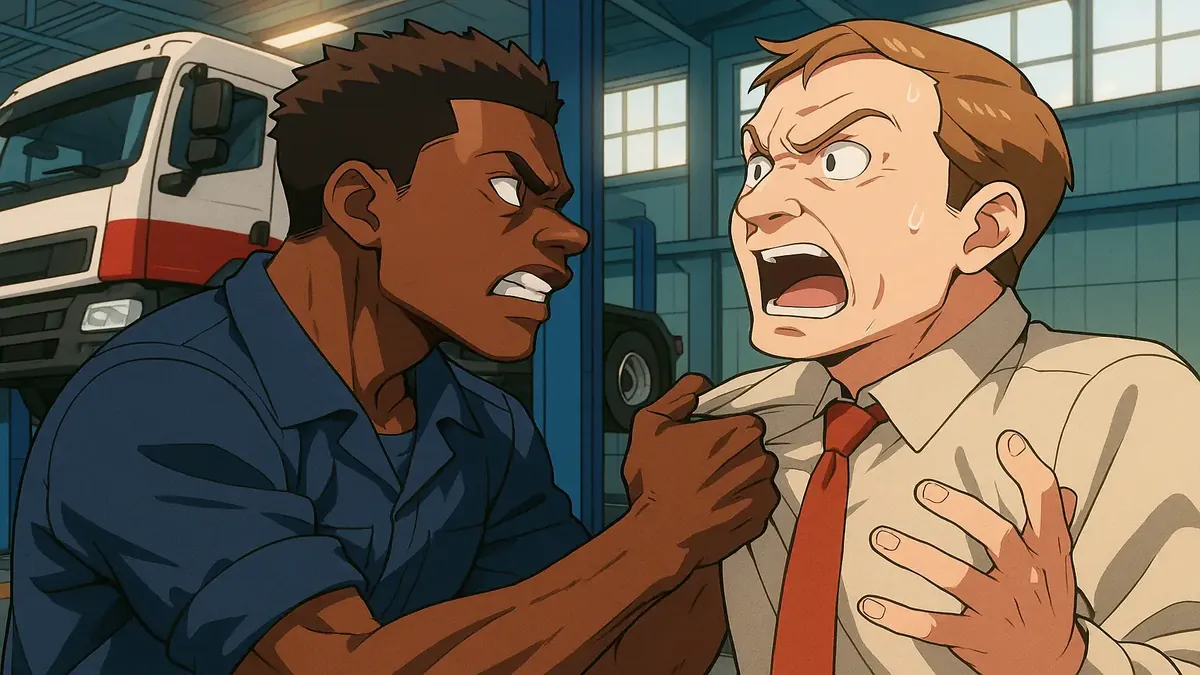 एक एनीमे-शैली की चित्रण जिसमें एक काले मैकेनिक ने भेदभावी प्रबंधक का सामना किया है।