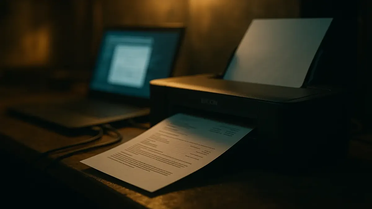 लैपटॉप से WSD पोर्ट के माध्यम से जुड़े Epson इंकजेट प्रिंटर, कार्यस्थल पर अप्रत्याशित दस्तावेज़ प्रिंट कर रहा है।