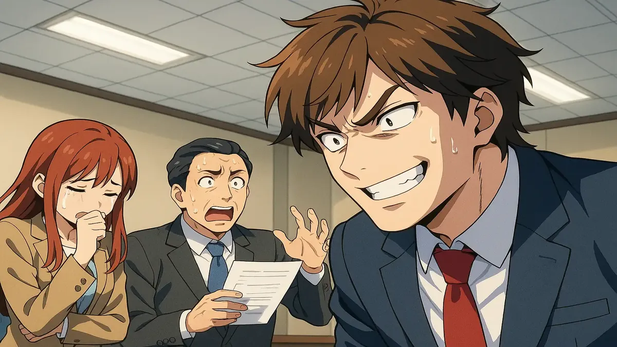 तनावपूर्ण कॉर्पोरेट संघर्ष को दर्शाते हुए एनीमे-शैली की चित्रण, विश्वासघात और महत्वाकांक्षा को उजागर करता है।