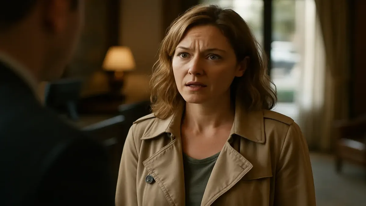 एक महिला सुबह-सुबह होटल में चेक-इन कर रही है, रिसेप्शन पर निराश नजर आ रही है।